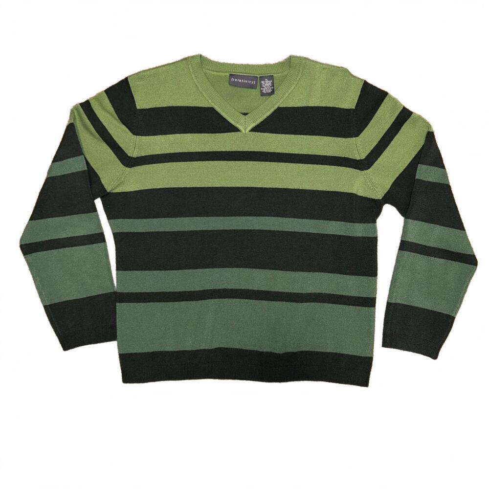Preppy Green Striped Fisherman Sweater V-neck Long Sleeve Size XL